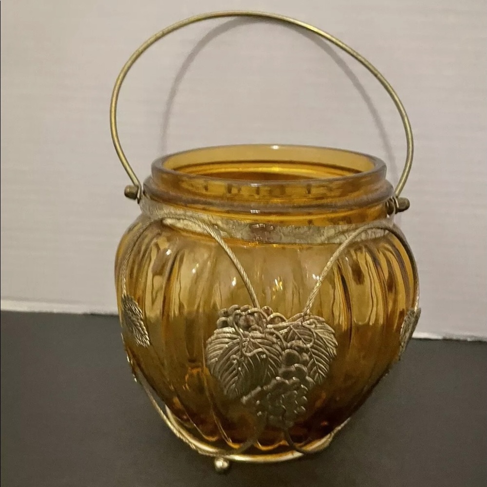 Vintage Hanging Amber Glass Bottle Jar Tea Light Candle Holder Cookie Jar  Japan